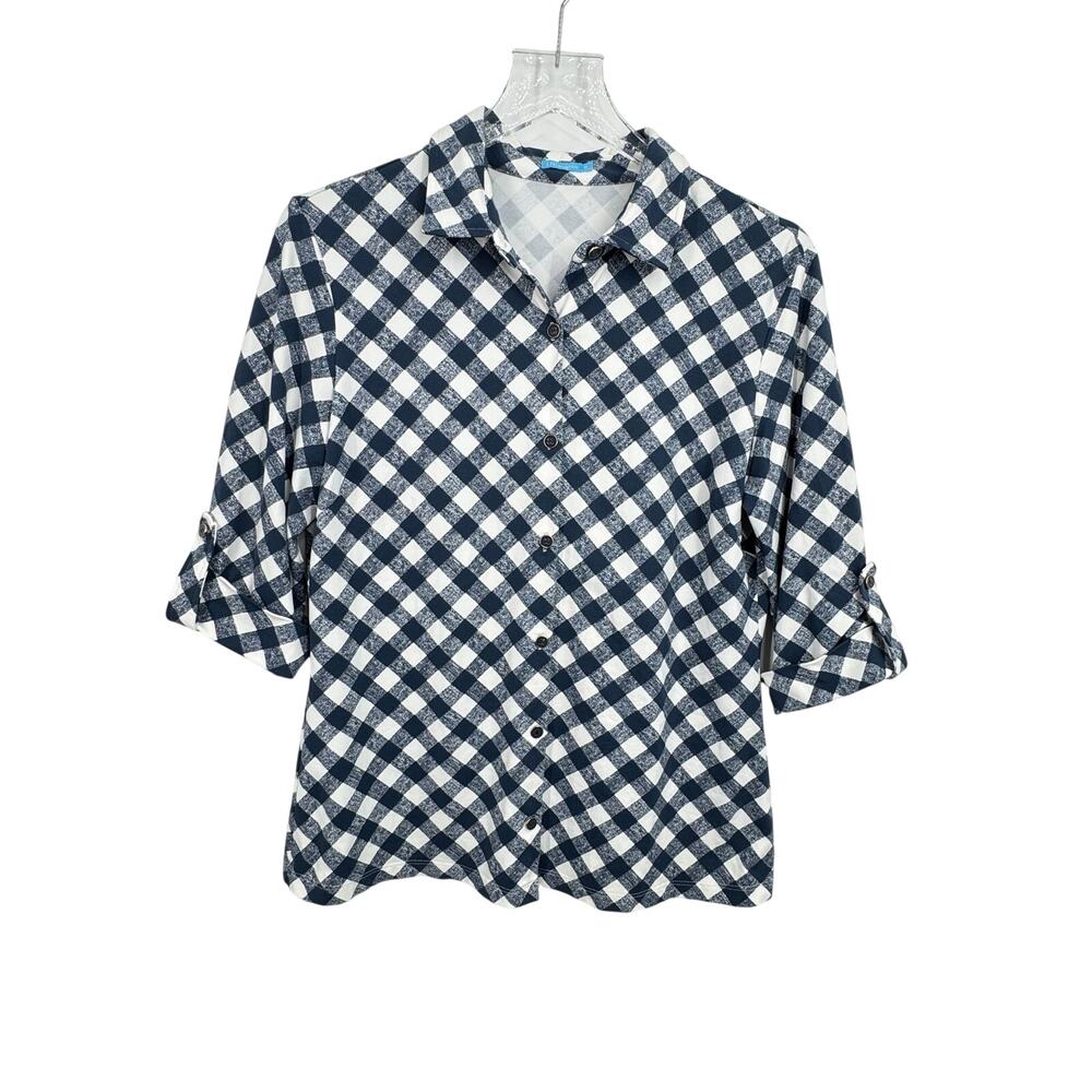 J. McLaughlin blouse M Catalina Cloth gingham check 3/4 tab sleeve nautical blue
